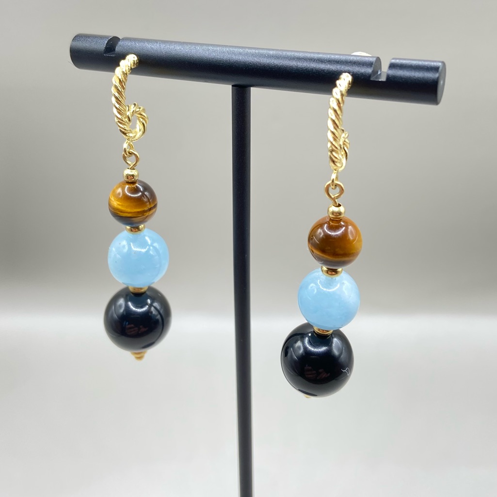 David Yurman 18k Yellow Gold Tiger Eye Black Onyx Bead Earrings